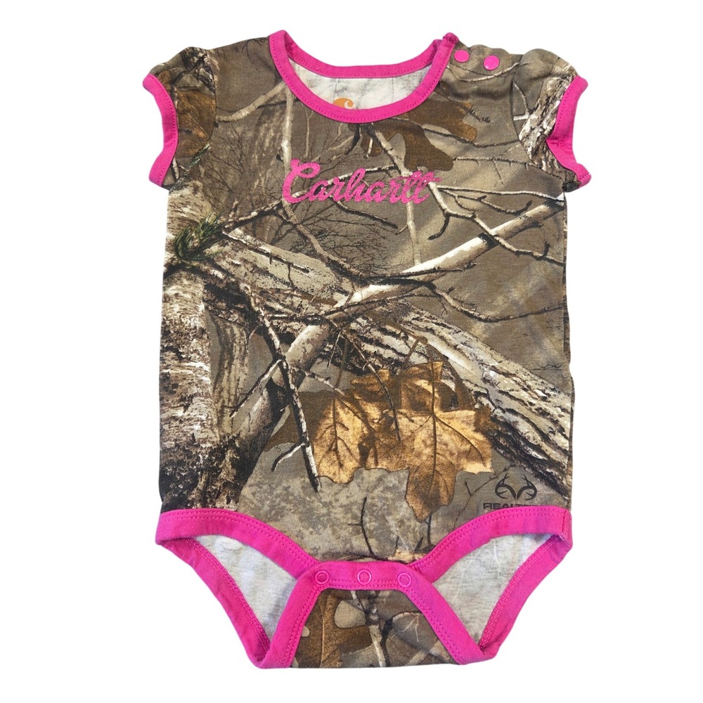 Carhartt Baby Girls 9M Realtree Camo Bodysuit Pink Trim Short Sleeve Pregnant